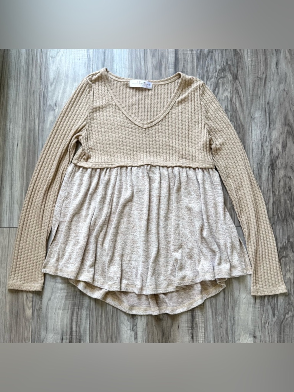 Women's Long Sleeve Beige Ribbed Knit Babydoll Top by Mod Boutique